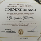 Yüksək səviyyədə dərslərin keçirilməsi ilə bağlı 55 saylı lisey-məktəb tərəfindən verilən təşəkkürnamə